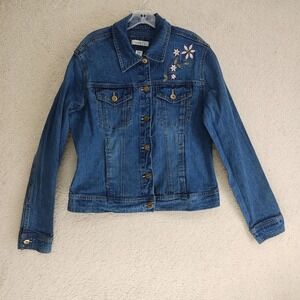 Roots 73 Denim Jacket Womens M Embroidered Floral Button Front Medium Blue